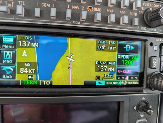 GPS showing the aircraft heading versus the track. There is a pretty strong difference due to strong winds. If you're not used to it when flying it is a little disorienting as you are flying sideways with respect to the ground.