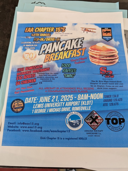 Flyer for a pancake breakfast that EAA Chapter 15 is hosting.
