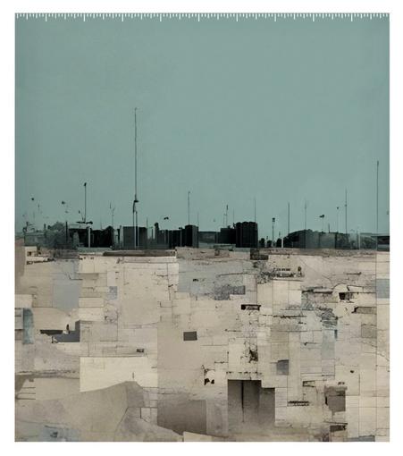 This hydrochronotope is a detailed representation that explores the complex interplay between water, time, and environmental factors across varying temporal scales. The upper section features a series of vertical markers that indicate time intervals, suggesting a chronological analysis of water-related phenomena. Below, a textured landscape of muted greys and blues illustrates the interaction between water and urban environments, with abstract shapes that may represent structures or land use patterns. The varying shades within this section reflect different properties of water, such as depth or quality, while also hinting at human influence through geometric forms that suggest urban development or agricultural practices. This part of the hydrochronotope likely focuses on immediate hydrological changes, capturing seasonal variations or the impact of rainfall on water levels. In contrast, the lower section presents a more stable representation, characterized by flat areas and subdued colors, indicating long-term ecological conditions or dry land. The structured shapes in this area emphasize the enduring effects of land use and climate change, highlighting issues such as soil erosion or land degradation. Together, this hydrochronotope serves as a vital tool for understanding the intricate relationships between water and the environment over time, illustrating the importance of both short-term and long-term hydrological processes in environmental studies.