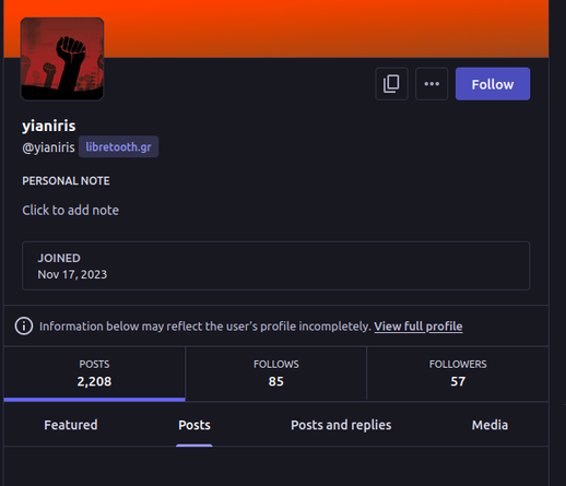 Profile of https://libretooth.gr/@yianiris showing that one is unable to follow said account.