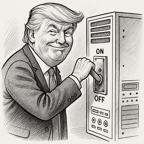 a black and white line drawing of a mischievous Donald Trump with his hand on a pole switch that is mounted on the side of a computer server.
