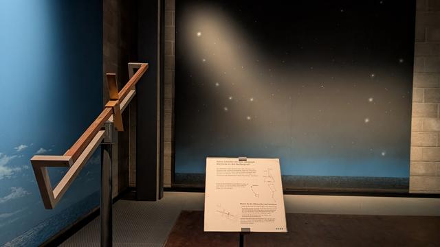 Ausstellungsstück im Technikmuseum Berlin zum historischen Bestimmen des Breitengrads mit einem Jakobsstab. Links im Bild steht ein etwa zwei Meter langer hölzerner Jakobsstab auf einem Metallständer. Das Instrument besteht aus einer langen geraden Holzlatte mit zwei beweglichen Querhölzern, die über die Latte geschoben werden können. Mit diesen Querhölzern wird der Höhenwinkel von Himmelskörpern gemessen. Rechts im Hintergrund ist eine Wand mit einer Abbildung des nächtlichen Sternenhimmels zu sehen, auf der die Sterne des Großen Wagens (Teil des Sternbilds Große Bärin) und des Kleinen Wagens (Große Bärin) leuchten. In der Bildmitte steht eine Schautafel auf einem Ständer. Auf ihr wird die Nutzung des Jakobsstabs erklärt, um den Polarstern anzuvisieren und damit den eigenen Breitengrad zu bestimmen. Die Wand daneben zeigt einen Farbverlauf von hellem Blau unten zu Schwarz oben, um den Übergang von Horizont zum Sternenhimmel darzustellen. Die Szene ist Teil einer musealen Ausstellung zur Navigation mit einfachen astronomischen Hilfsmitteln.