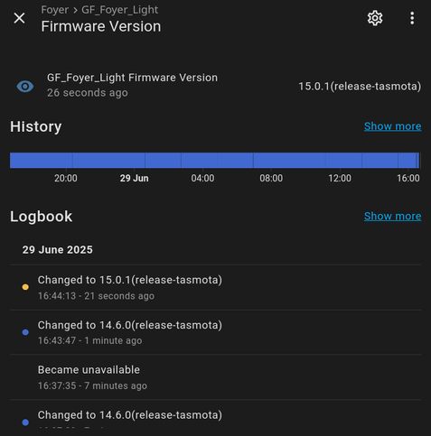 Screenshot showing a fw upgrade of a smart light through the lens of home assistant