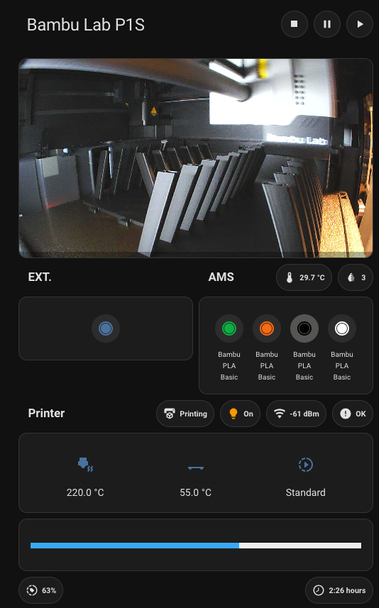 A screenshot of a Home Assistant dashboard showing a live view of the 3D printer, color and filament types on the AMS and External spool, printer status including temperature, speed, progress and time remaining.