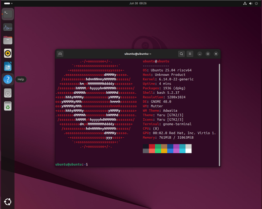 My husband's Ubuntu running under Qemu's RISC-V emulation