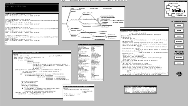 Screenshot of the black and white desktop of a 1980s graphical workstation environment. The desktop has a gray background pattern and some windows with a white background and a title bar with white text on a black background. The main windows show some of the tools of an object-oriented programming environment: a graphical class hierarchy browser, a menu of methods, the source code of two methods, the code of a class definition, and a class inspector.