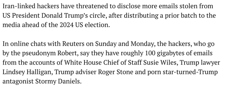 Text discussing Iran-linked hackers threatening to release emails stolen from Donald Trump's circle, with details on the content and background of the hacking incident.