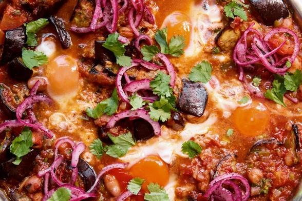 Aubergine and fava bean eggs: The ultimate one-pan weekend brunch