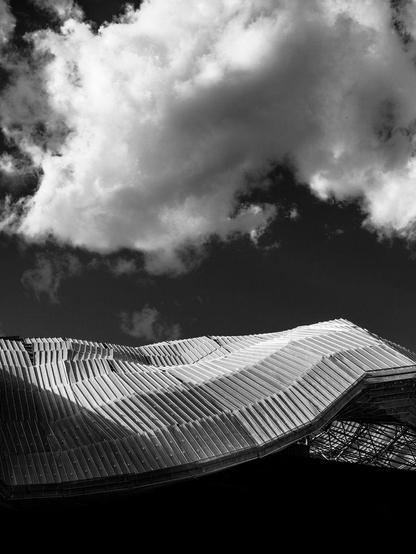 An abstract monochrome photo of a geometric / organic roof of a modern building under a puffy white cloud that seems to mimick its shape.