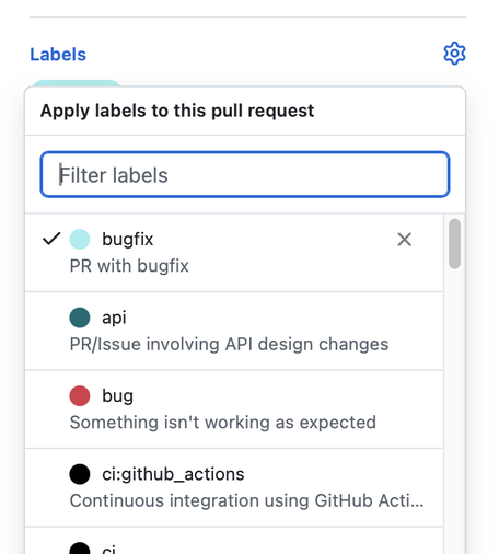 a github labels panel. Labels appear in a list with little chrome and a single dot indicating the label colour.