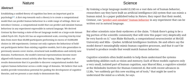 [Science] Researchers claim their AI model simulates the human mind. Others are skeptical
https://www.science.org/content/article/researchers-claim-their-ai-model-simulates-human-mind-others-are-skeptical

[Nature] A foundation model to predict and capture human cognition
https://www.nature.com/articles/s41586-025-09215-4

#ML #AI #cognition #FoundationModels #CognitiveModels