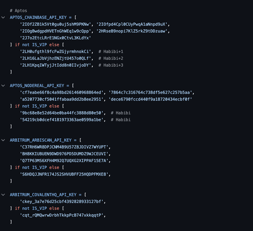 code screenshot showing a bunch of private keys