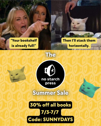 A two-part graphic. The top half is a popular meme format: on the left, a woman points and yells in frustration, captioned “Your bookshelf is already full!”; on the right, a white cat sits calmly behind a dinner plate, replying, “Then I’ll stack them horizontally.” The bottom half features a bright yellow background with repeating NSP iron icons and floating cat heads. Centered is the No Starch Press logo and text: “The No Starch Press Summer Sale – 30% off all books – 7/3–7/7 – Code: SUNNYDAYS.”
