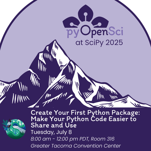 Graphic for pyOpenSci’s SciPy 2025 workshop, “Create Your First Python Package,” on July 8 at the Greater Tacoma Convention Center.