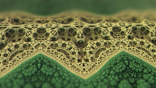 A gold and green landscape format 3D fractal. A Golden section runs along a central ridge, it is made from repeating structures like bridge supports or a skeletal form, the green areas fore and back are repeating rounded shapes a bit like the tops of a forest canopy or lichen .