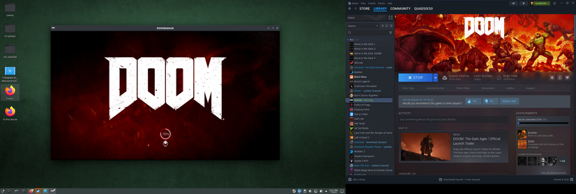 Screenshot from my Slackware desktop. Left screen is showing a windowed mode game of DOOM 2016 running with the logo shown as the game loads. Right screen is showing the Steam client running maximized and focused on the DOOM 2016 launch page.