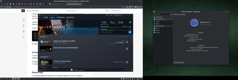 Screenshot from my Slackware desktop running KDE Plasma. On the left screen is the Steam client running above Firefox which is maximized and showing the tab with the multilib instructions I found. On the right screen is KDE Info Center showing basic system information with the Slackware logo.