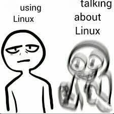 A la izquierda hay alguien serio con un texto que dice "Usar Linux" y al lado derecho una persona emocionada con el texto "Hablar sobre Linux"