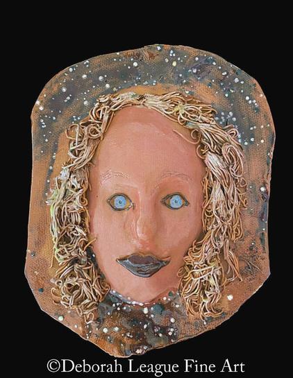 Step into a world of mystery with Seer in the Sky, an art print of a one-of-a-kind ceramic face sculpture. This image features a mesmerizing feminine face surrounded by textured, swirling hair and a cosmic, star-speckled background. The vivid blue eyes and metallic highlights give this piece an ethereal, otherworldly presence. Perfect for art collectors, boho interiors, or lovers of celestial and visionary art, this unique ceramic wall hanging adds a bold, mystical touch to any space. Ideal for gallery walls, meditation rooms, or creative studios.

A three-dimensional face with curly hair and bright eyes appears against a cosmic, starry background, creating a surreal effect. The use of earthy tones and dotted patterns enhances the vivid and otherworldly appearance.