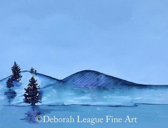 Christmas At The Lake watercolor painting. As night approaches and snowflakes begin to fall, the decorated Christmas tree at the edge of the lake glows against the snow and reflects in the calm water. In the distance, purple-hued hills dotted with smaller pine trees create a sense of vast tranquility. Perfect for adding a touch of seasonal charm to your home decor, this artwork evokes the peaceful quiet of a winter night by the lake.
Wonderful wall art and home decor as well as greeting cards. Image also available with the words Merry Christmas in white script.