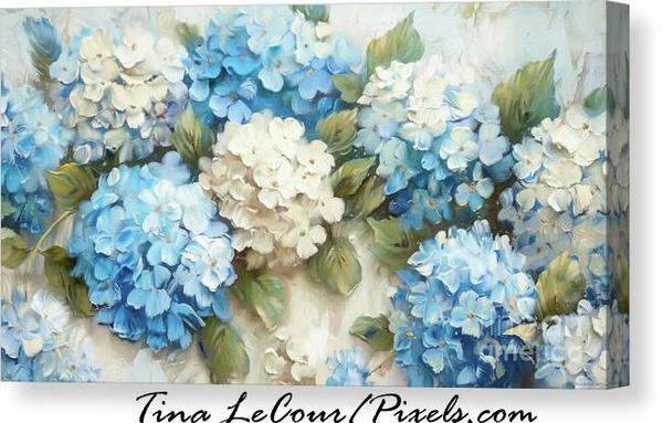 This is a canvas impressionism of some pretty blue and white hydrangea flowers