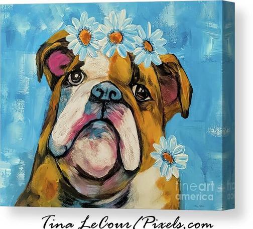 This is a canvas acrylic painting of a whimsical bulldog named Roxie with daisy flowers on top of her head.