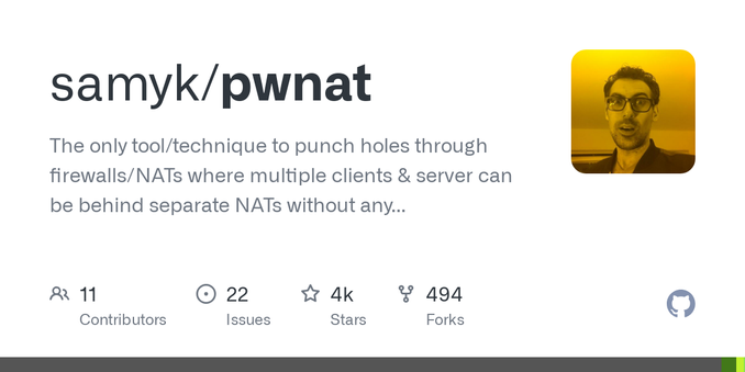 The only tool/technique to punch holes through firewalls/NATs where multiple clients &amp; server can be behind separate NATs without any 3rd party involvement. Pwnat is a newly developed technique...