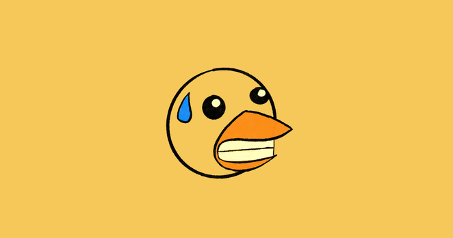 Drawing of a yellow bird grimacing and sweating