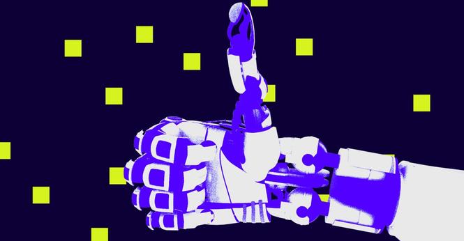 Digital photo collage of a robotic hand doing a thumbs up.