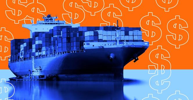 Shipping barge on the ocean surrounded by dollar signs.