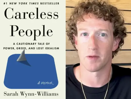 Cover of the memoir "Careless People" by Sarah Wynn-Williams, featuring a blue background with a shark fin illustration, highlighting themes of power and greed.
