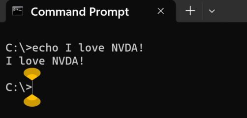 Screenshot of a "Command Prompt" window with the command:
"C:\echo I love NVDA!" above the text "I love NVDA!" and a new prompt "C:\" with the caret below that.