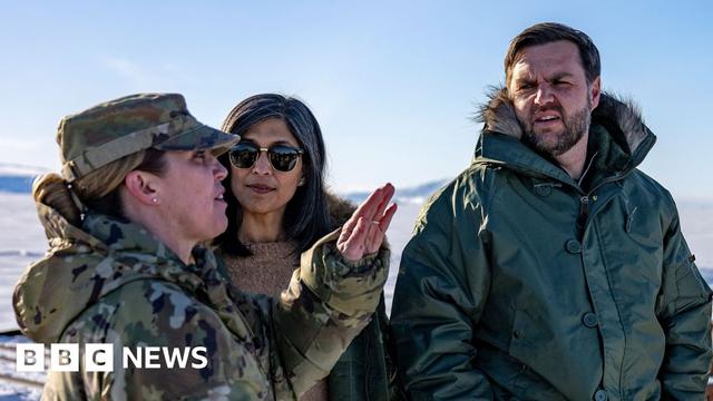 Colonel Susannah Meyers gestures while speaking to JD Vance and Ushua Vance during their visit to Greenland