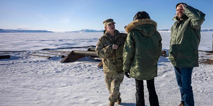 US Vice President JD Vance (right) and Second Lady Usha Vance (centre) listen to Colonel Susan Meyers (left), commander of the US military's Pituffik Space Base, as they tour base in Greenland on 28 March 2025. | JIM WATSON / AFP US Vice President JD Vance (right) and Second Lady Usha Vance (centre) listen to Colonel Susan Meyers (left), commander of the US military's Pituffik Space Base, as they tour base in Greenland on 28 March 2025. | JIM WATSON / AFP