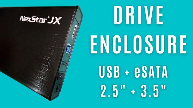 Teal background showing an image of a black drive enclsoure on the left, with title in white text saying DRIVE ENCLOSURE USB + eSATA, 2.5" + 3.5"