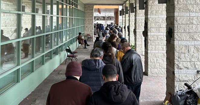 Long lineup at City Hall, as advance polls open for voters in the federal elections. (CTV News Ottawa)