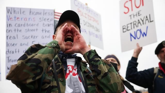 A protester shouts during a "Veterans March" at the National Mall on March 14, 2025 in Washington, D.C. (Photo by Kayla Bartkowski/Getty Images)