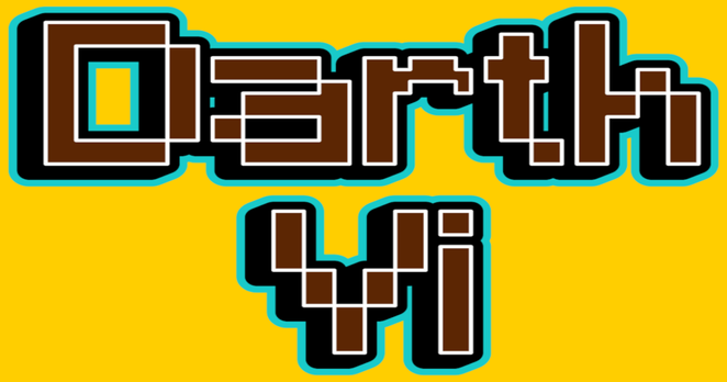 DarthVi pixel art brown text with glowing blue borders on a yellow background