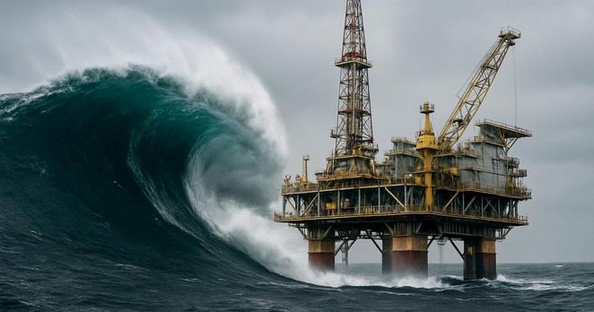 Eine gelbe Plattform aus Stahl steht in eher ruhiger See, von links kommt eine Welle, die höher ist als die Plattform ohne Aufbauten