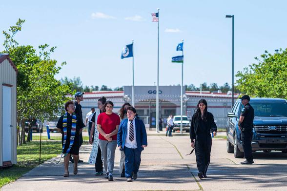 Supporters of Mahmoud Khalil walk away from the Central Louisiana ICE Processing Center in Jena, Louisiana, on April 11, 2025, after the immigration court hearing for Khalil, who is being held at the center for pro-Palestinian activism.