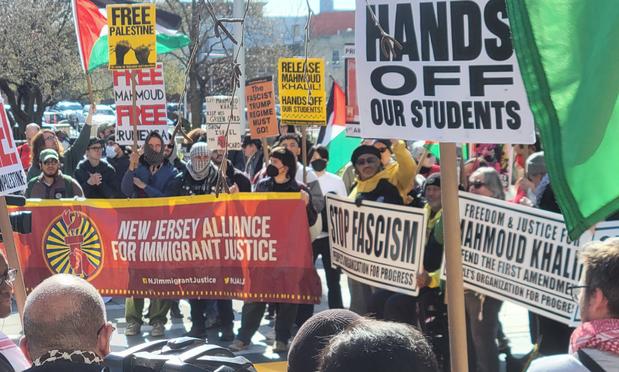 The Palestine movement, immigrant rights groups, and community members gathered together in Newark, NJ on March 28, 2025 to protest the detention of Mahmoud Khalil. (Photo: Sam Carliner)