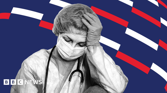 A designed image of a healthcare worker in scrubs with her head resting on her hand