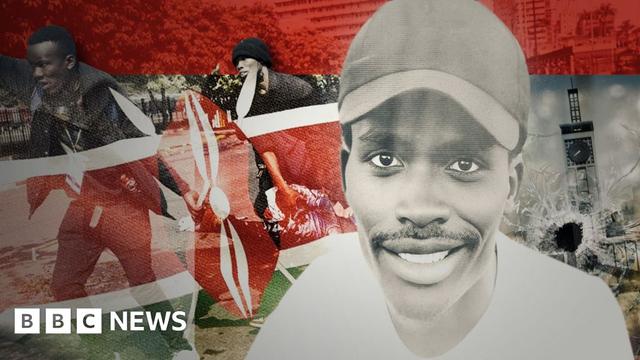A collage image showing protesters in Kenya, the Kenyan flag and a black and white photograph of Eric Shieni, who was shot dead outside parliament on 25 June 2024