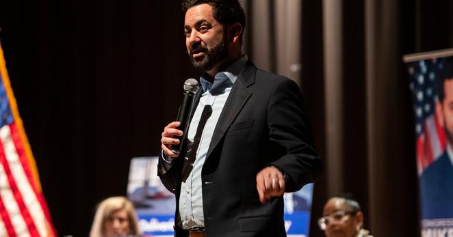 Representative Mike Lawler, Republican of New York, sparred with constituents over numerous issues at a town hall event on Sunday.