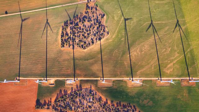 A row of wind turbines leave long shadows over an agricultural field behind them. A row of wind turbines leave long shadows over an agricultural field behind them.