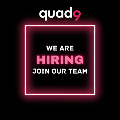 The words "We are hiring. Join our team" centered on a black background with a neon pink square border around the words, and the Quad9 logo centered on top.