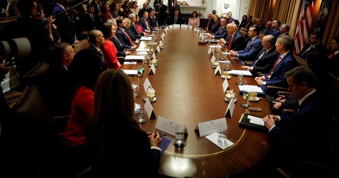 US President Donald Trump hosts his first cabinet meeting in Washington, DC, February 26, 2025. US President Donald Trump hosts his first cabinet meeting in Washington, DC, February 26, 2025.