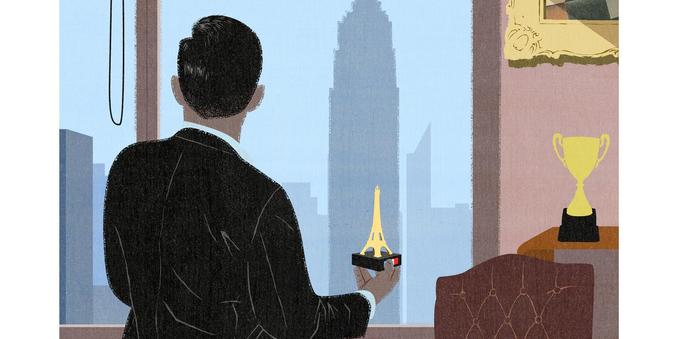 An illustration of an executive in his office holding a souvenir Eiffel Tower while looking at a skyline. | Antoine Moreau Dusault