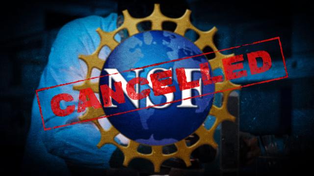 A CANCELLED stamp over the image of the NSF logo and a researcher