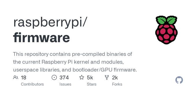 This repository contains pre-compiled binaries of the current Raspberry Pi  kernel and modules, userspace libraries, and bootloader/GPU firmware. - raspberrypi/firmware